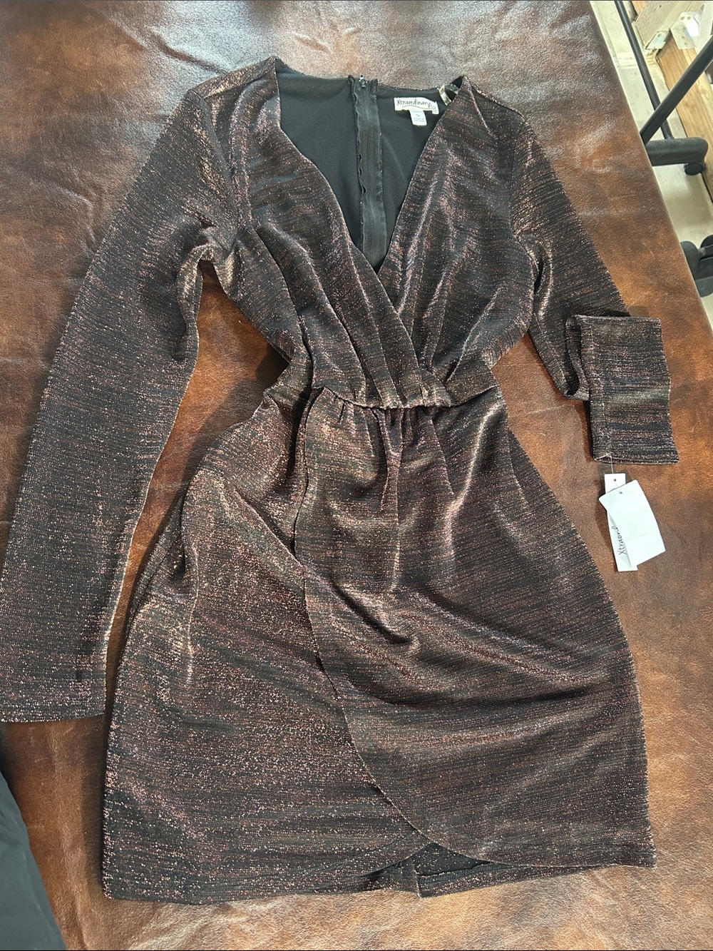 Xtraordinary Metallic Brown Rose-Thread Wrap Long Sleeve Dress
